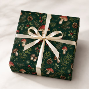 Donkergroene Cottagecore Paddenstoel Kerstpatroon Cadeaupapier