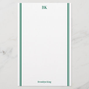 Donkergroene dubbellijnen monogram & naam briefpapier