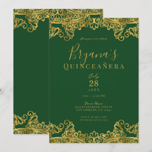 Donkergroene en gouden kant Elegant Quinceañera-fe Kaart