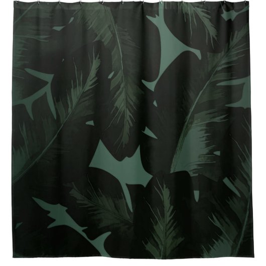 Donkergroene en zwarte tropische palmbladroos douchegordijn (Voorkant)