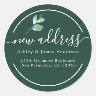 Donkergroene Eucalyptus Calligrafie Nieuw Adres Ronde Sticker