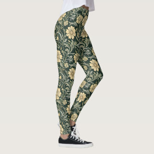 Donkergroene gestileerde gele bloemenpatroon leggings