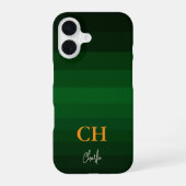 Donkergroene gradiënt kleurstrepen met monogram iPhone 16 hoesje (Achterkant)