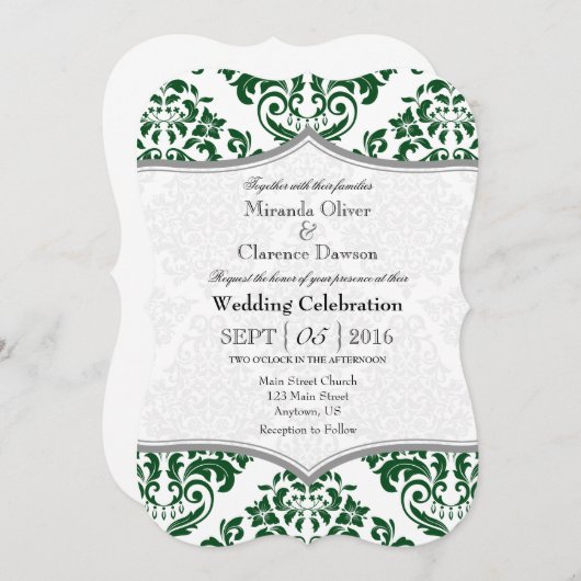 Donkergroene grijze Damask Bracket Wedding Invite Kaart (Voorkant / Achterkant)