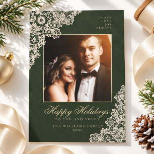 Donkergroene Kanten Elegante Gezinsfoto Kerstmis Feestdagenkaart