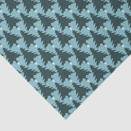 Donkergroene kerstbomen op blauw tissuepapier (Detail)