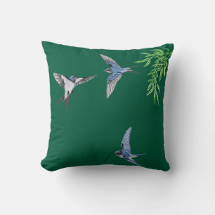 Donkergroene namaak geborduurde vogel kussen
