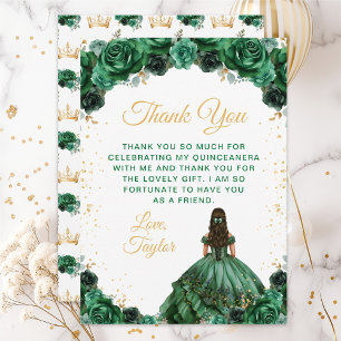 Donkergroene Prinses Bloemige Quinceañera Bedankkaart