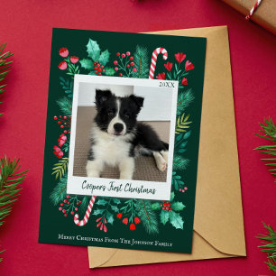 Donkergroene Puppy's Eerste Kerstdag Foto Feestdagenkaart