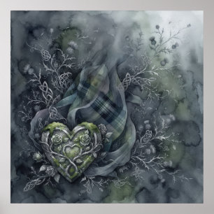 Donkergroene Schotse Tartan Keltische Hart Distel Poster