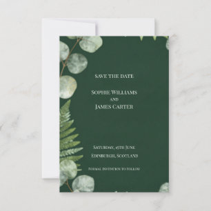 Donkergroene varen Eucalyptus Schotse bruiloft Save The Date