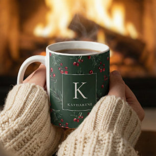 Donkergroene winter Waterverf botanische monogram Koffiemok