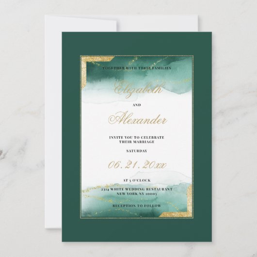 Donkergroene witte waterverf goudglitter bruiloft kaart (Voorkant)