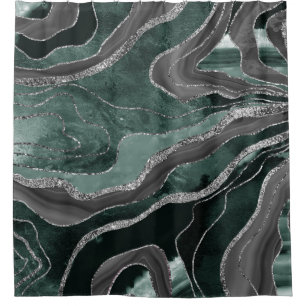 Donkergroene zwarte marmer Agate Silver Glitter Gl Douchegordijn