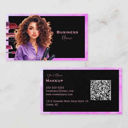 Donkerharige make-up dame Paarse Visitekaartje (Voorkant / Achterkant)