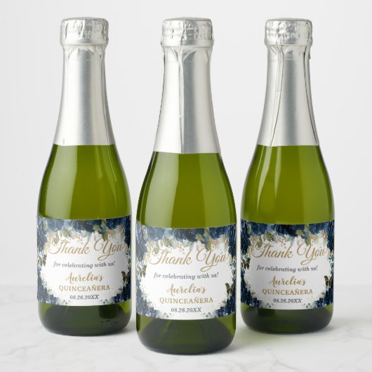 Donkermarineblauw bloemenvlinders Rozen Favor Sparkling Wijnetiket (Flessen)