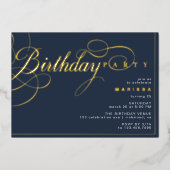 Donkermarineblauw en goud | Verjaardag Folie Uitnodiging (Voorkant)
