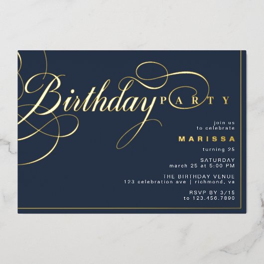 Donkermarineblauw en goud | Verjaardag Folie Uitnodiging (Voorkant)