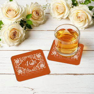 Donkeroranje Shabby Chic 40-jarig jubileum Coaster Vierkante Kartonnen Onderzetter