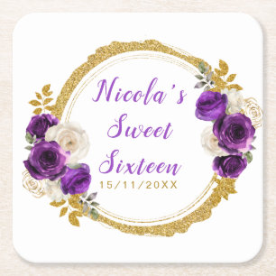 Donkerpaarse en gouden elegante bloem Sweet Sixtee Vierkante Kartonnen Onderzetter