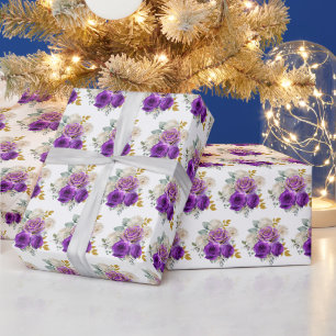 Donkerpaarse en gouden elegante bloemen cadeaupapier