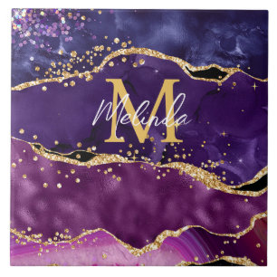 Donkerpaarse en gouden glittersequins agaat tegeltje
