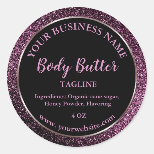 donkerpaarse glitter-productlabel boter ronde sticker (Voorkant)