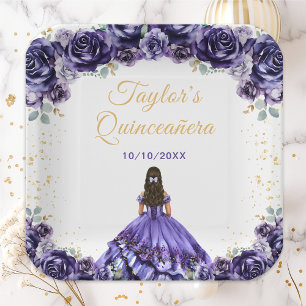 Donkerpaarse Prinses Bloemige Quinceañera Papieren Bordje