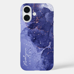 Donkerpaarse Waterverf Ink Glitter iPhone 16 Hoesje