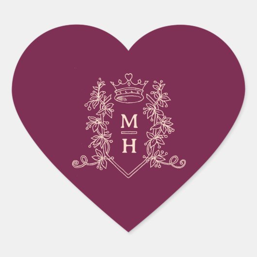 Donkerrode bordeaux perzik kroon monogram bruiloft hart sticker (Voorkant)