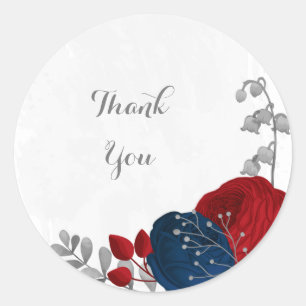 donkerrode en marinesblauwe bloemen zilver ronde sticker