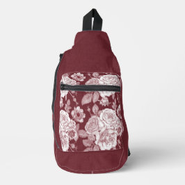 DONKERRODE EN WITTE HAND GETEKENDE BLOEMEN SLING BAG