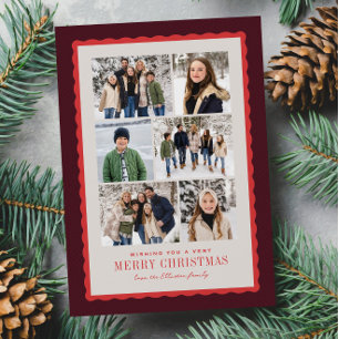 Donkerrode golvende rand trendy zes foto Kerstmis Feestdagenkaart