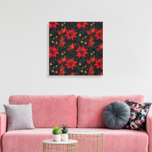 Donkerrode Kerst Florale Patroon Canvas Afdruk