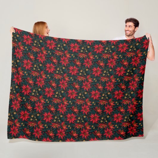Donkerrode Kerst Florale Patroon Fleece Deken (In situ)
