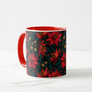 Donkerrode Kerst Florale Patroon Mok