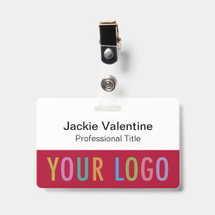 Donkerrode naam badge met logo clip lanyard of has