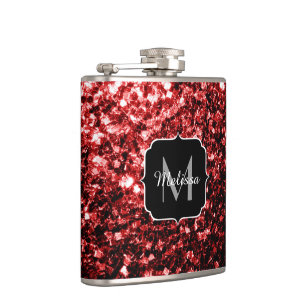 Donkerrode namaak glittersparels glamour monogram heupfles