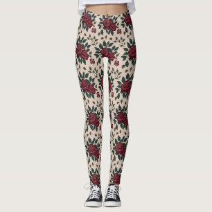Donkerrode rozen met groene bladeren leggings