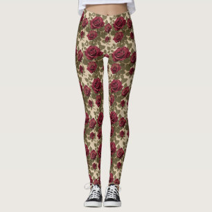 Donkerrode rozen met vervaagde groene bladeren leggings