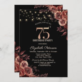 Donkerrode rozen, strijklichten zwart 75e verjaard kaart (Voorkant / Achterkant)