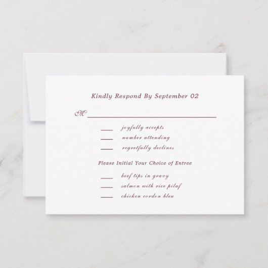 Donkerrode script menu selectie chic trouw RSVP (Voorkant)