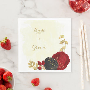 donkerrode & zwarte bloemen gouden trouw servet