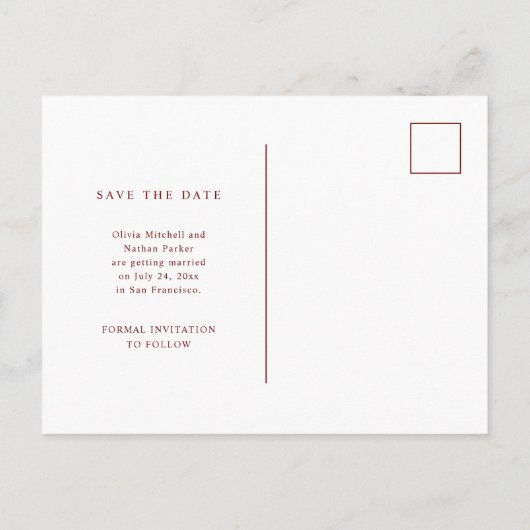 Donkerrood Elegante Tekst en Foto | De datum opsla Aankondigingskaart (Achterkant)
