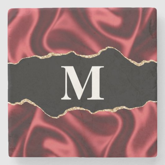 Donkerrood glam Wavy Satin Abstract monogram Stenen Onderzetter (Voorkant)
