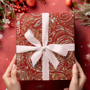 Donkerrood & Glanzend Zilver & Goud Bloemen Paisle Cadeaupapier