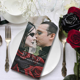 Donkerrood Gotisch Roos Bloemen op Zwart QR Code F All In One Uitnodiging