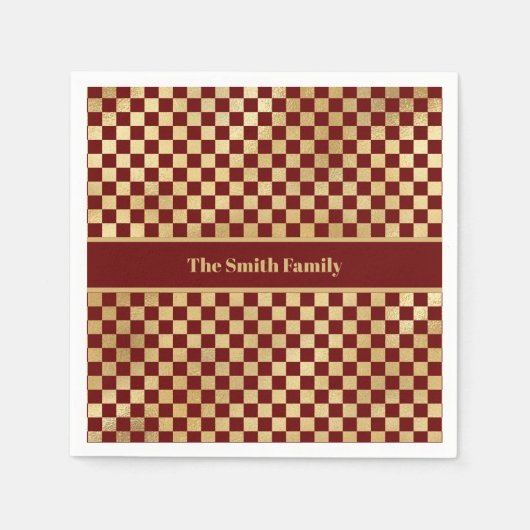 Donkerrood goud gecheckt papier servet (Voorkant)
