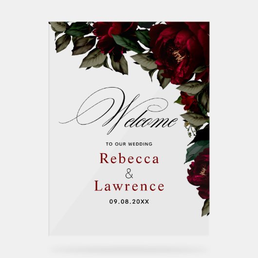 Donkerrood groen bloemenmoody gothic bruiloft welk acryl bord (Voorkant)