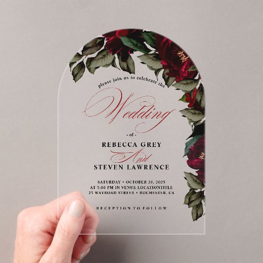 Donkerrood groen bloemenmoody gotische trouwboog acryl uitnodigingen (Insitu (Draagbaar))